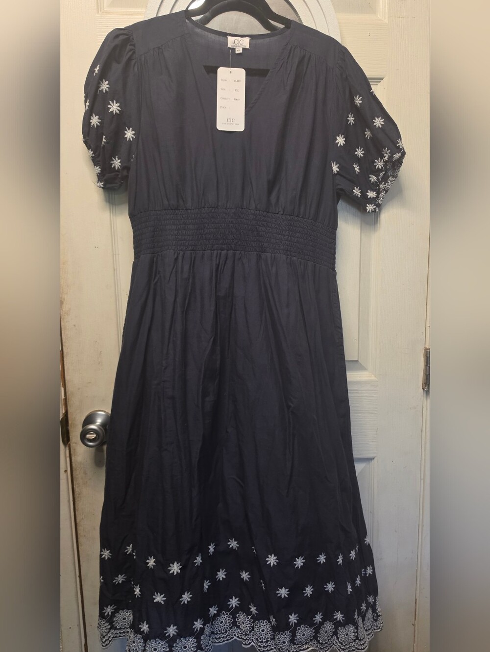 Navy Dress with White Floral Embroidery